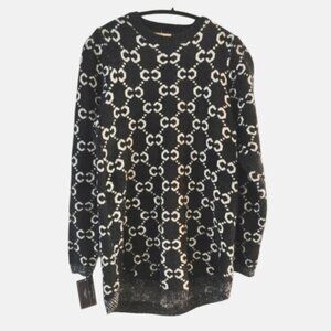 TRÏBE Black   White Print Long Sleeve Crew Neck Sweater Size Large NWT